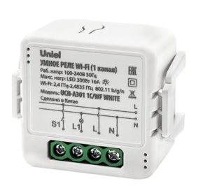 UCH-A301 1C-WF WHITE Умное реле Wi-Fi. 1 канал. 100-240В. 16А. 3500Вт. 300Вт для светодиодов. 
