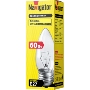 Лампа ЛОН свеча прозрачная NI-B-60-230-E27-CL Navigator