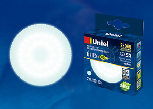 LED-GX53-6W/6500K/GX53/FR PLZ01WH Лампа светодиодная, матовая. Дневной свет (6500K). ТМ Uniel