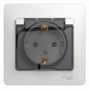 GLOSSA РОЗЕТКА с заземлением со шторками с крышкой, 16А, IP20, в сборе, БЕЛЫЙ