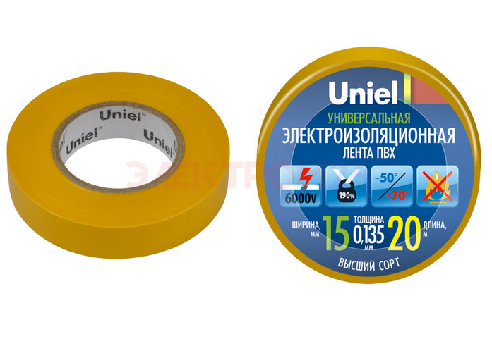 UIT-135P 20-15-10 YEL C2 Изоляционная лента. 20 м. 15мм. 0.135мм. Цвет желтый. TM Uniel UIT-135P 20-15-10 YEL C2 Изоляционная лента. 20 м. 15мм. 0.135мм. Цвет желтый. TM Uniel