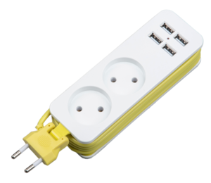 S-CT2-1.5U WHITE-GREEN Удлинитель серии Travel. шнур 1.5м.. 2 гнездa. 10A. б-з. 4USB2.1A.