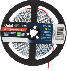 ULS-2835-168LED/m-10mm-IP20-DC24V-14W/m-5M-6500K светодиодная лента 5м. (6500K). ТМ Uniel.